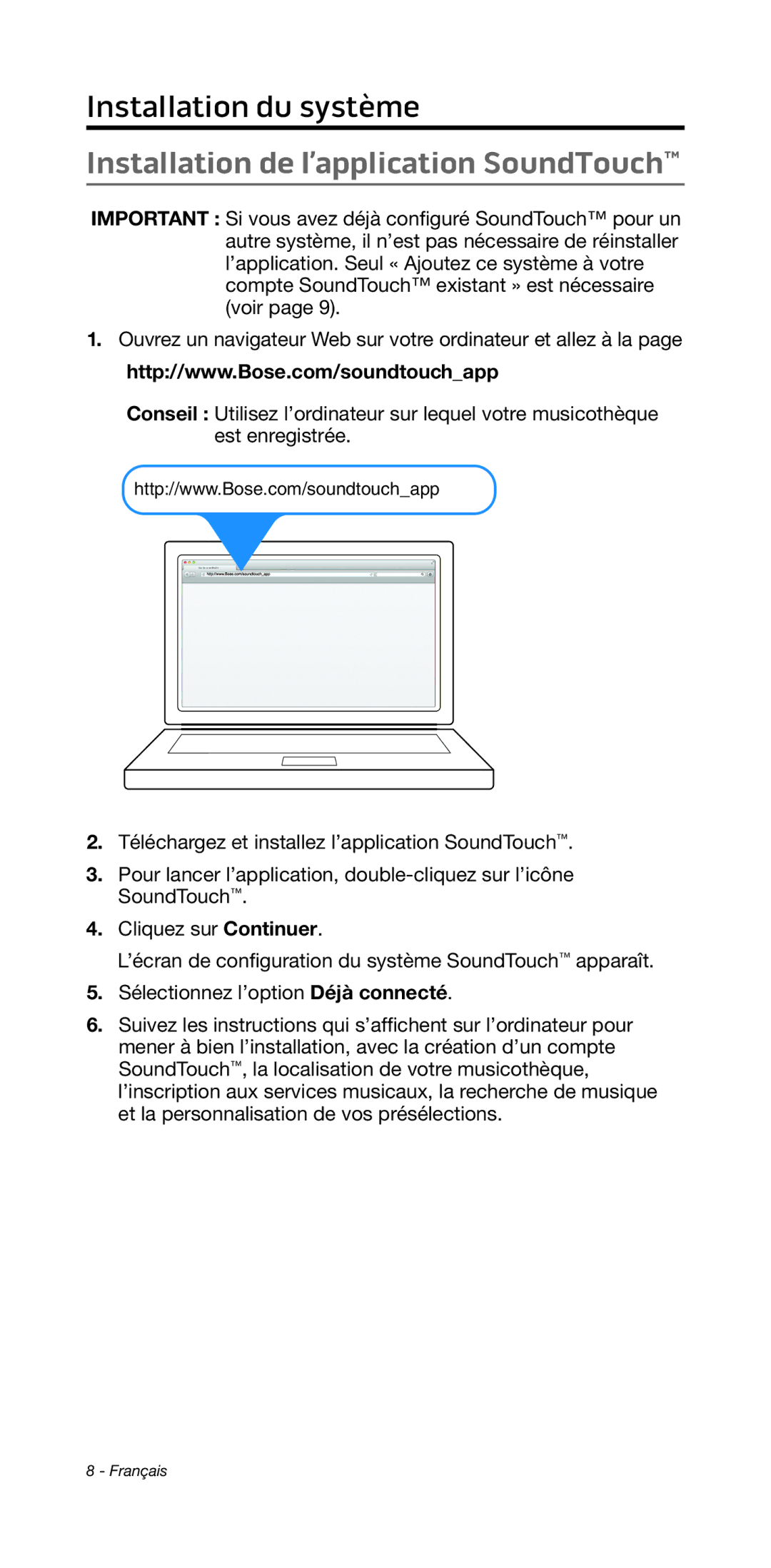 Bose 135/235 535/525 manual Installation de l’application SoundTouch 