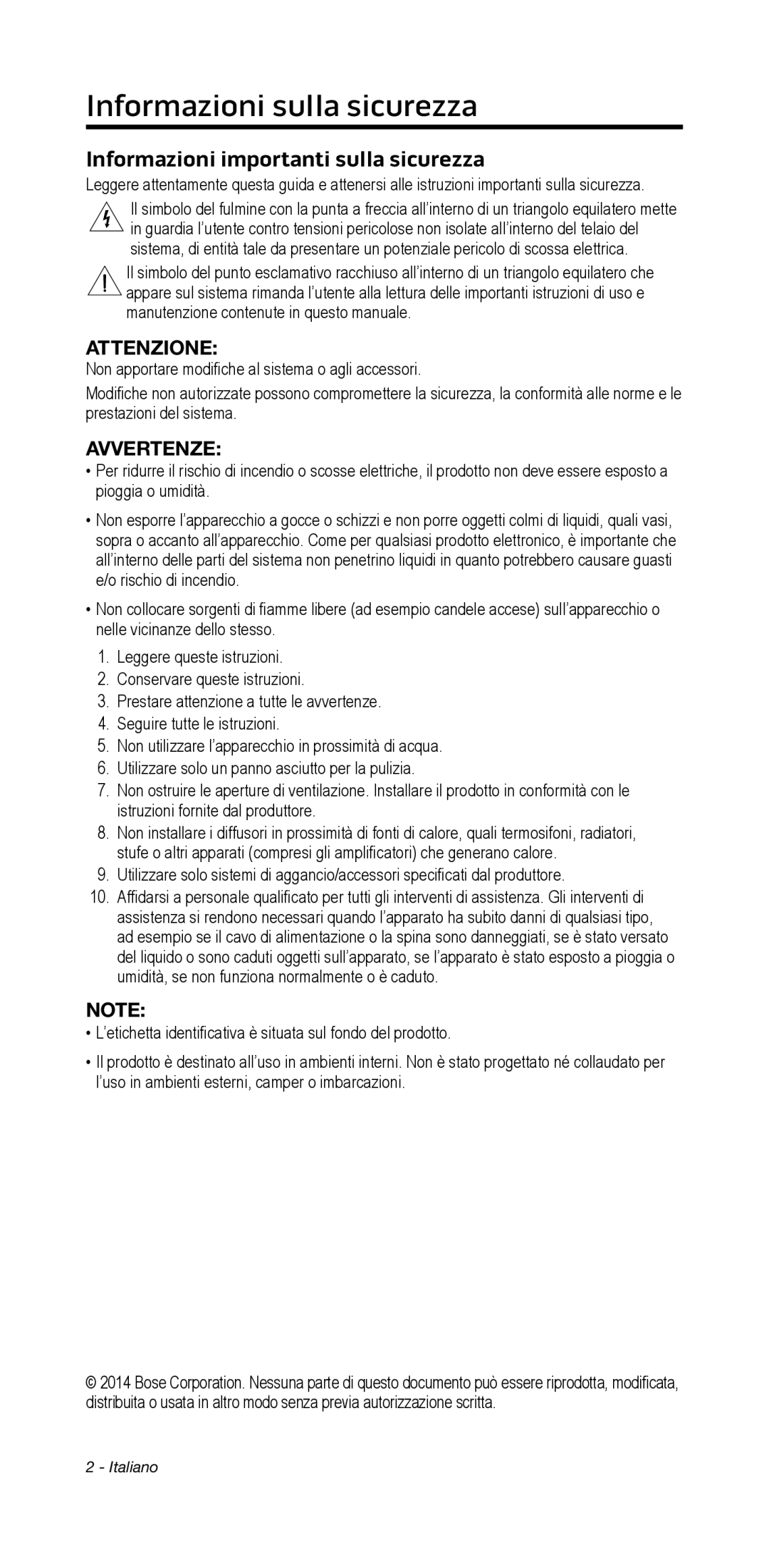 Bose 135/235 535/525 manual Informazioni﻿sulla sicurezza, Informazioni importanti sulla sicurezza, Attenzione, Avvertenze 