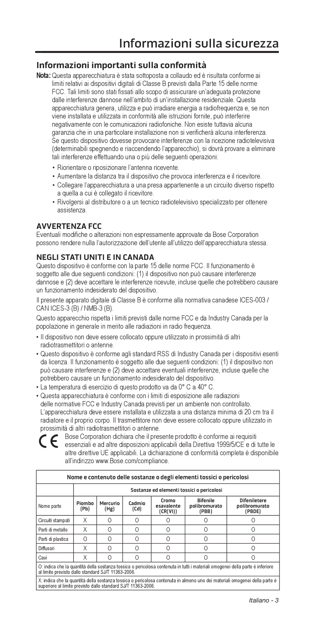 Bose 135/235 535/525 manual Informazioni﻿sulla sicurezza﻿, Informazioni importanti sulla conformità, Avvertenza FCC 