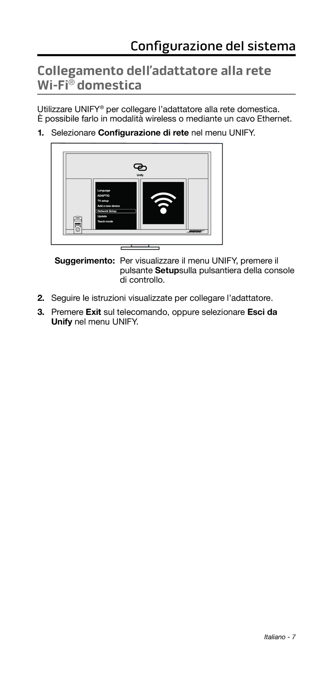 Bose 135/235 535/525 manual Configurazione﻿del sistema﻿, Collegamento dell’adattatore alla rete Wi-Fidomestica 