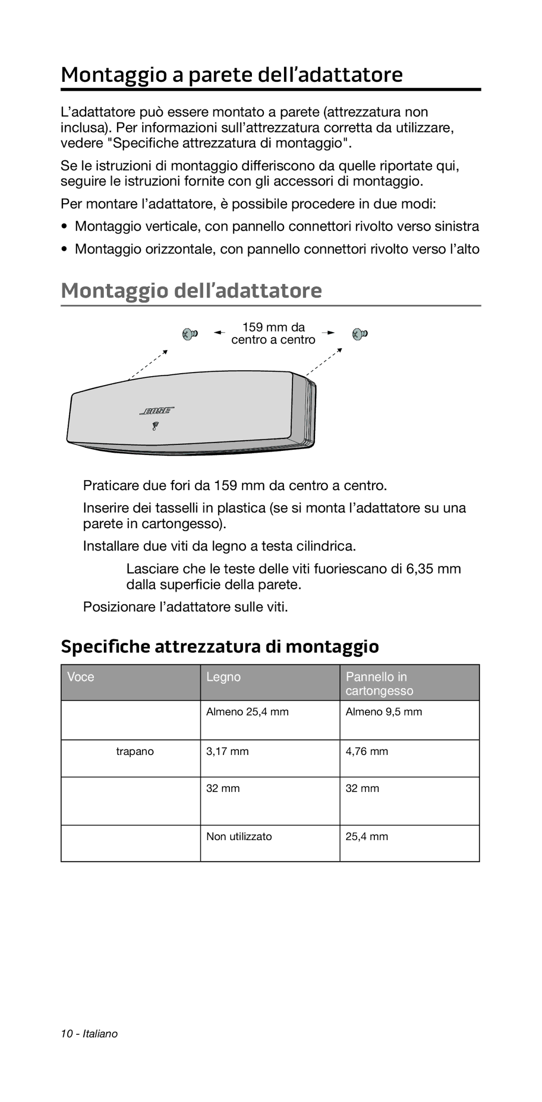 Bose 135/235 535/525 manual Montaggio a parete dell’adattatore, Montaggio dell’adattatore, Voce Legno Pannello Cartongesso 