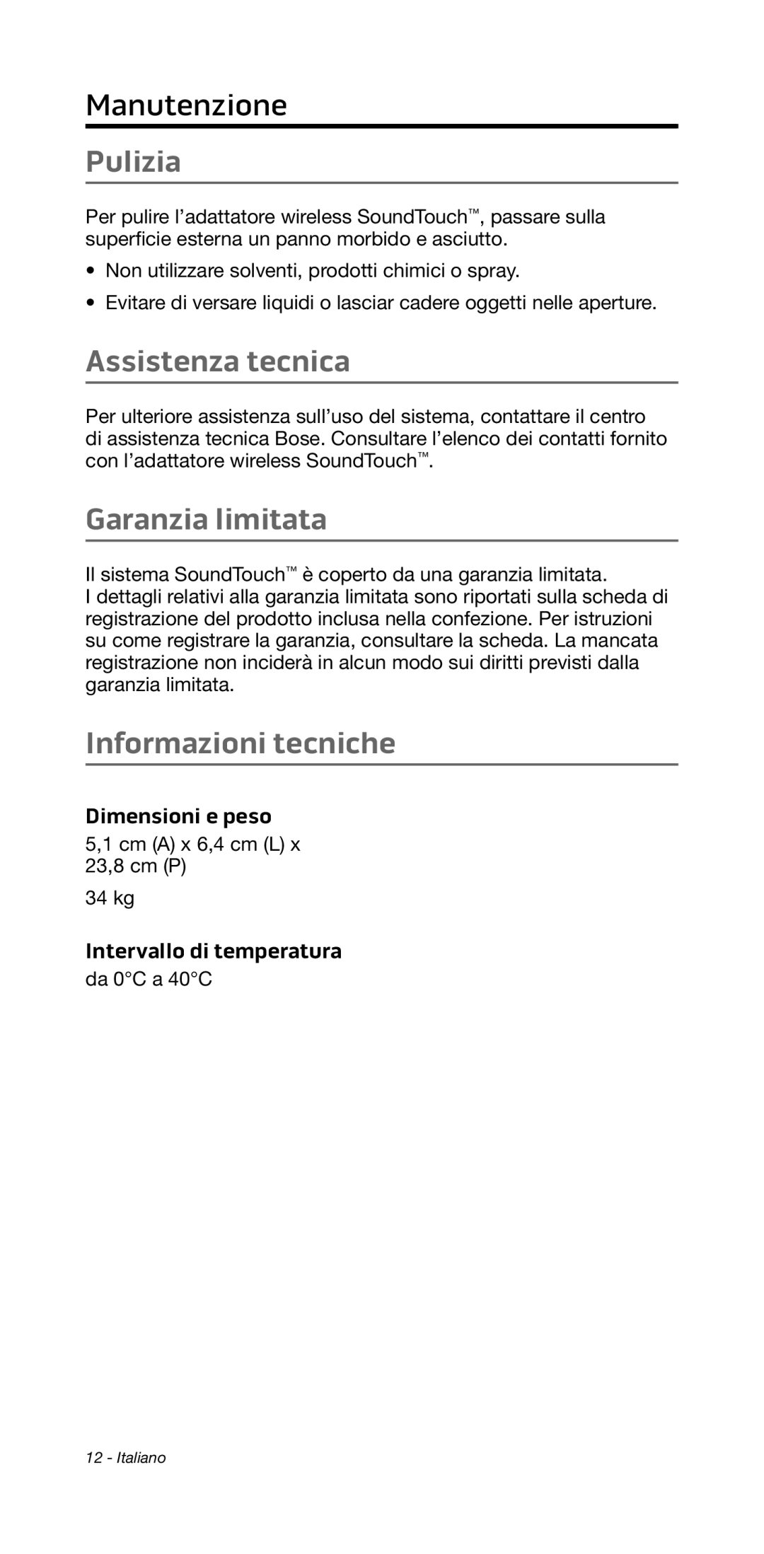 Bose 135/235 535/525 manual Pulizia, Assistenza tecnica, Garanzia limitata, Informazioni tecniche 