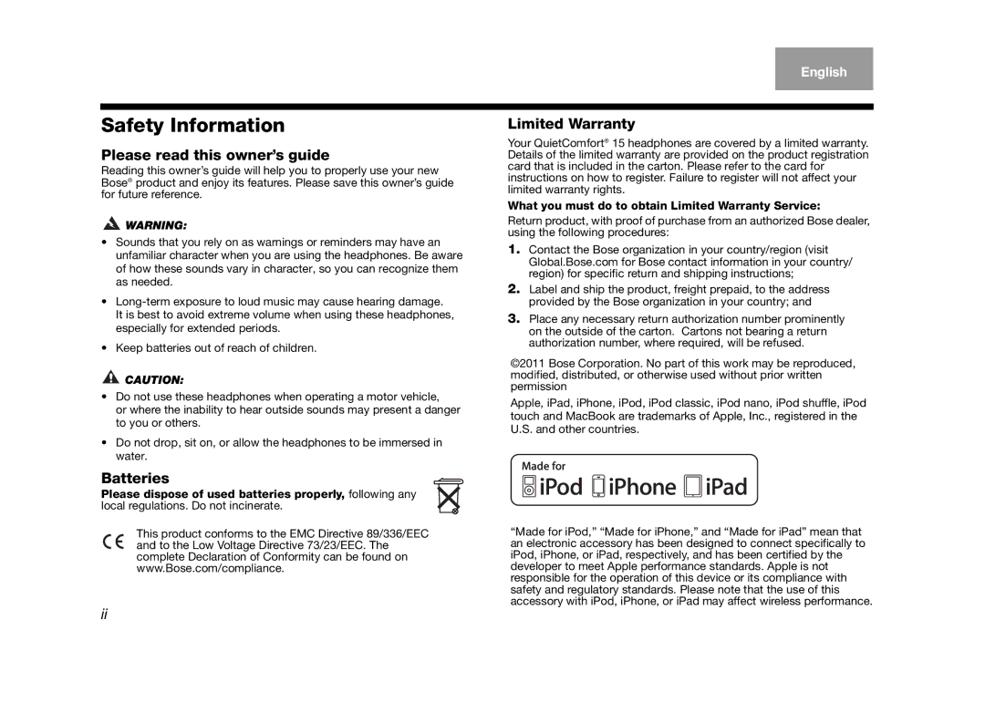 Bose 15, 345442-0010 manual Safety Information 