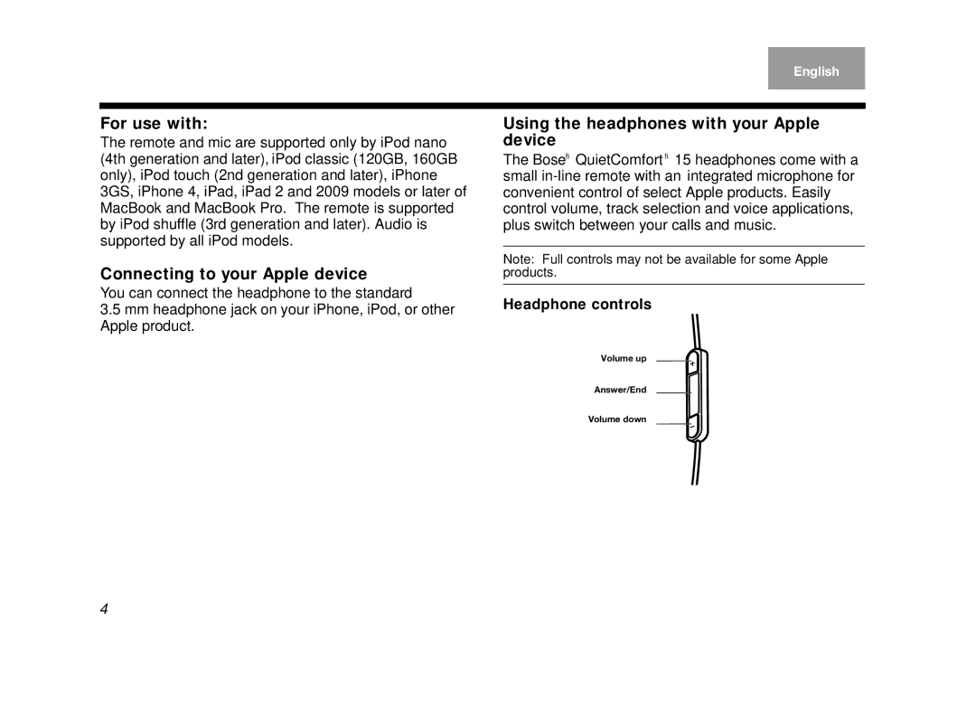 Bose 15, 345442-0010 manual For use with, Connecting to your Apple device, Using the headphones with your Apple device 