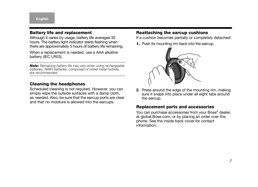 Bose 345442-0010, 15 manual Battery life and replacement, Cleaning the headphones, Reattaching the earcup cushions 