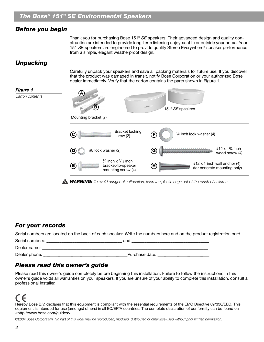 Bose 151 SE manual Before you begin, Unpacking, For your records, Please read this owner’s guide 