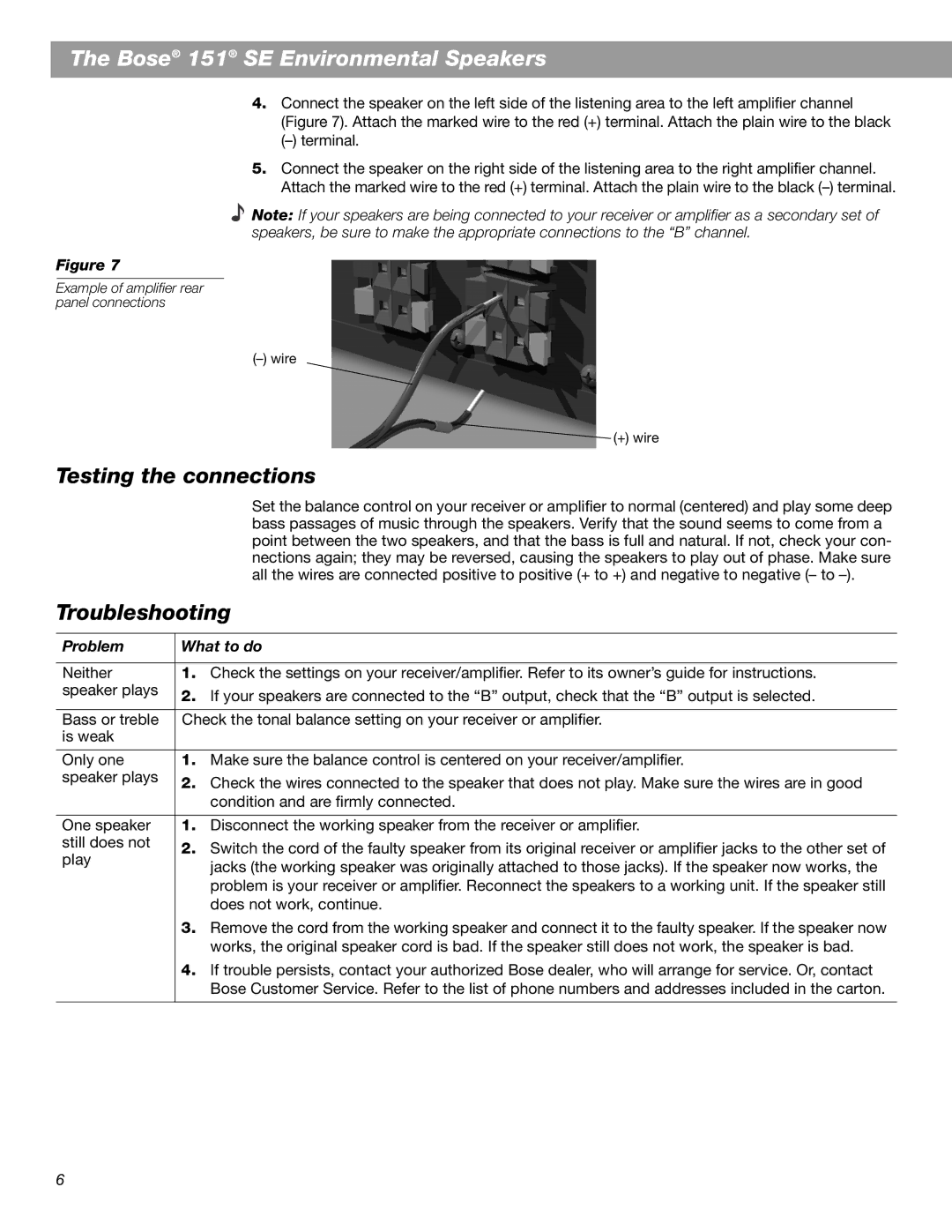 Bose 151 SE manual Testing the connections, Troubleshooting 