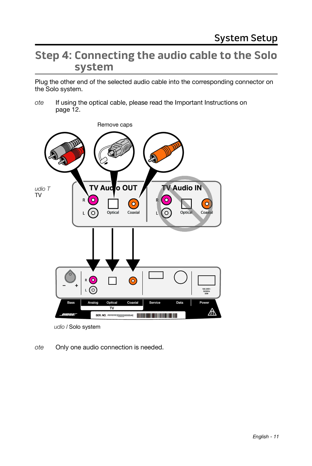 Bose 15/10 manual Connecting the audio cable to the Solo system 