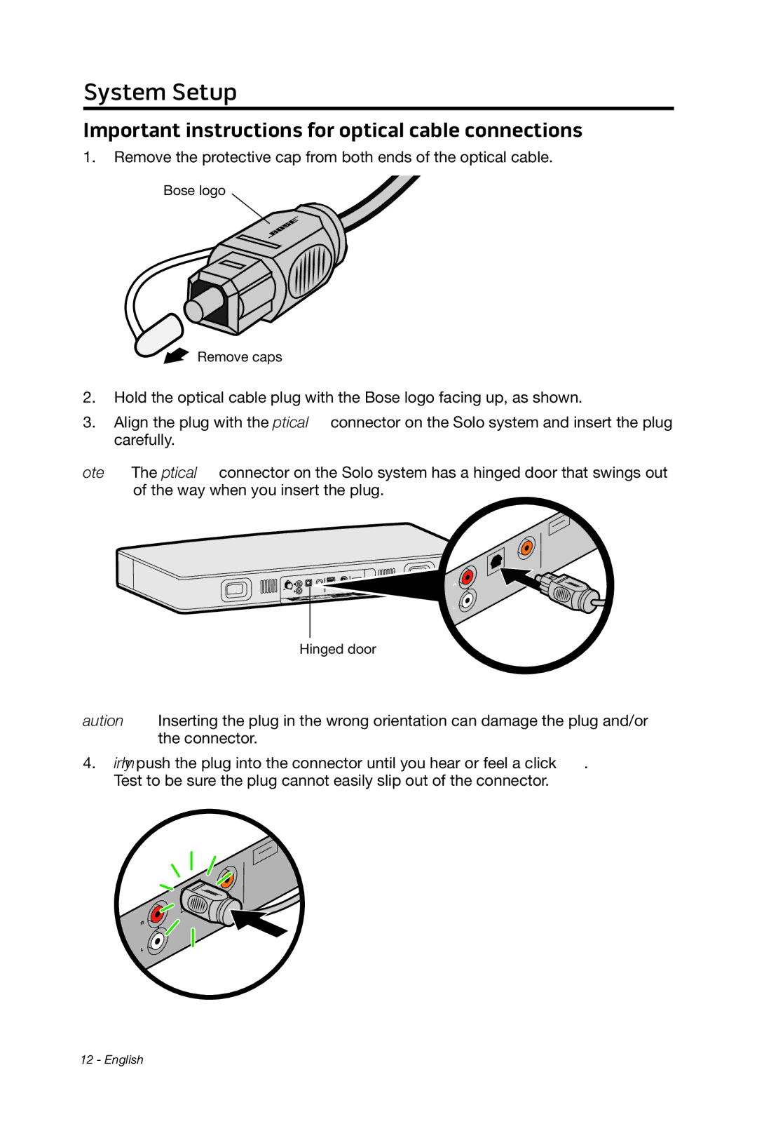 Bose 15/10 manual Important instructions for optical cable connections 