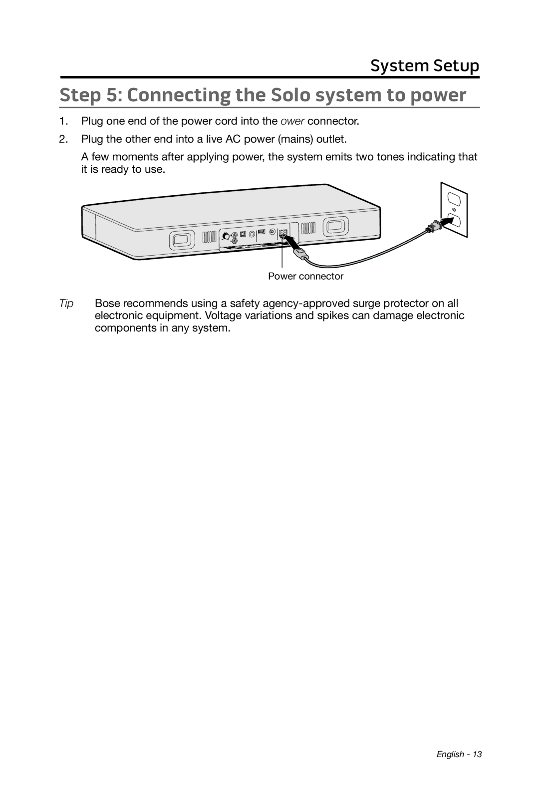 Bose 15/10 manual Connecting the Solo system to power 