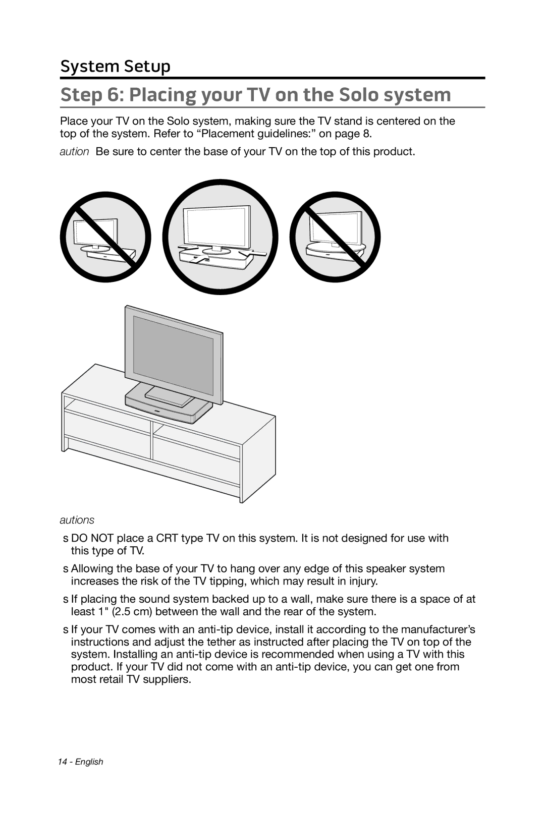 Bose 15/10 manual Placing your TV on the Solo system 