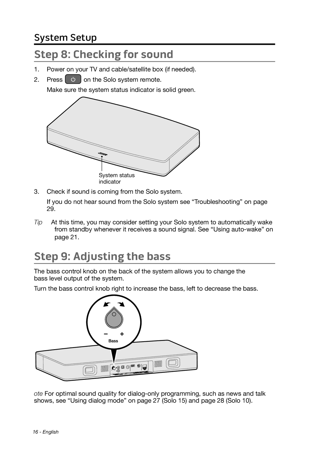 Bose 15/10 manual Checking for sound, Adjusting the bass 