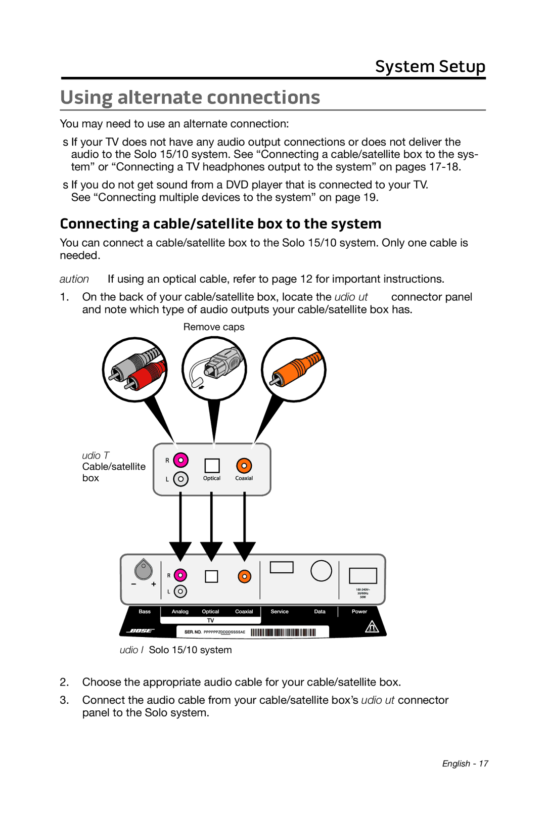 Bose 15/10 manual Using alternate connections, Connecting a cable/satellite box to the system 