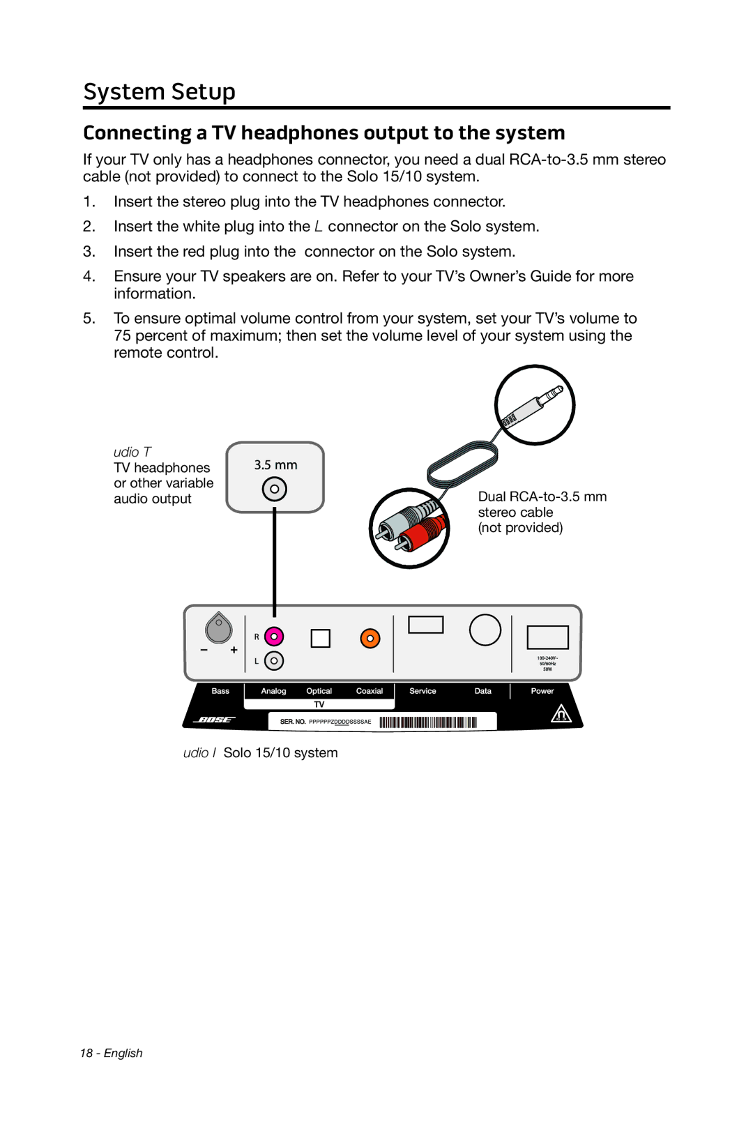 Bose 15/10 manual Connecting a TV headphones output to the system 