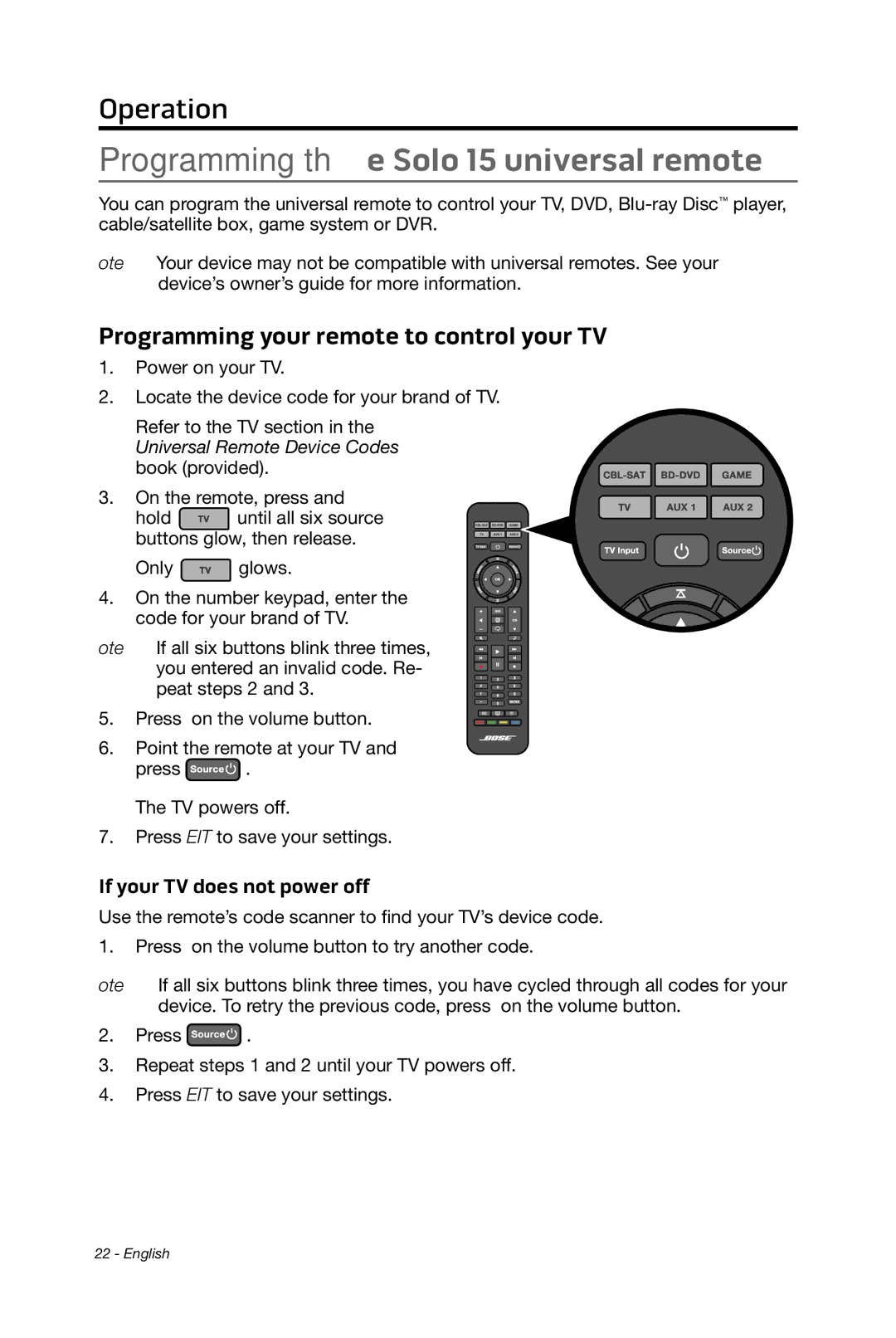 Bose 15/10 manual Programming the Solo 15 universal remote, Programming your remote to control your TV 