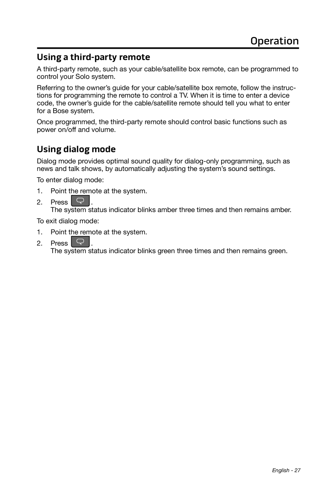 Bose 15/10 manual Using a third-party remote, Using dialog mode 