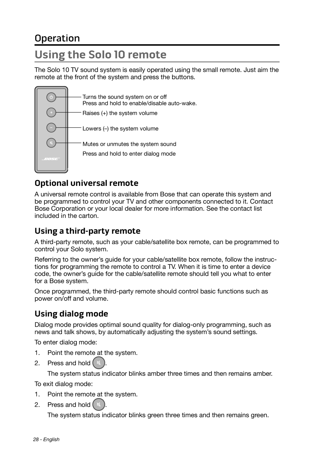 Bose 15/10 manual Using the Solo 10 remote, Optional universal remote 