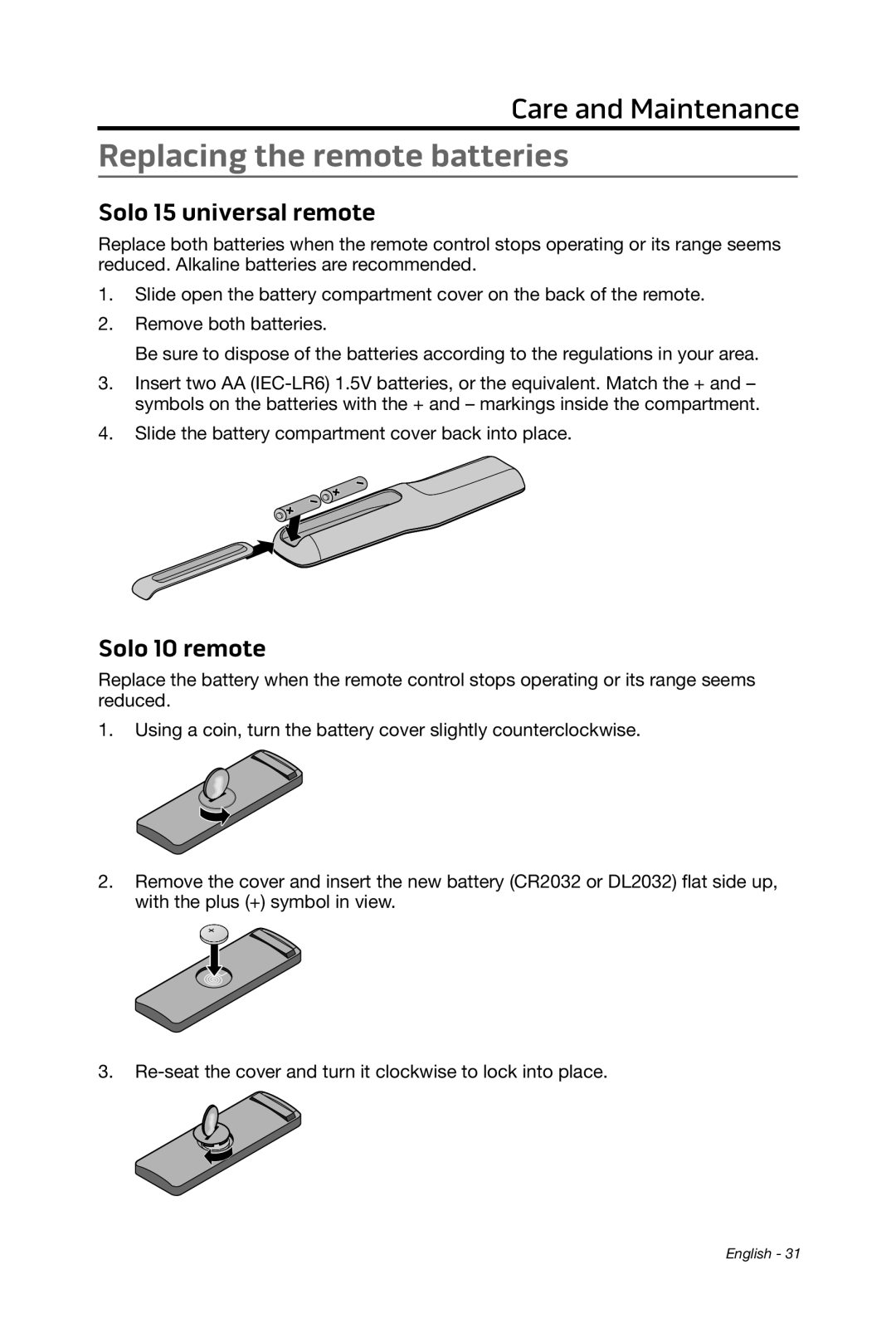 Bose 15/10 manual Replacing the remote batteries, Solo 15 universal remote, Solo 10 remote 