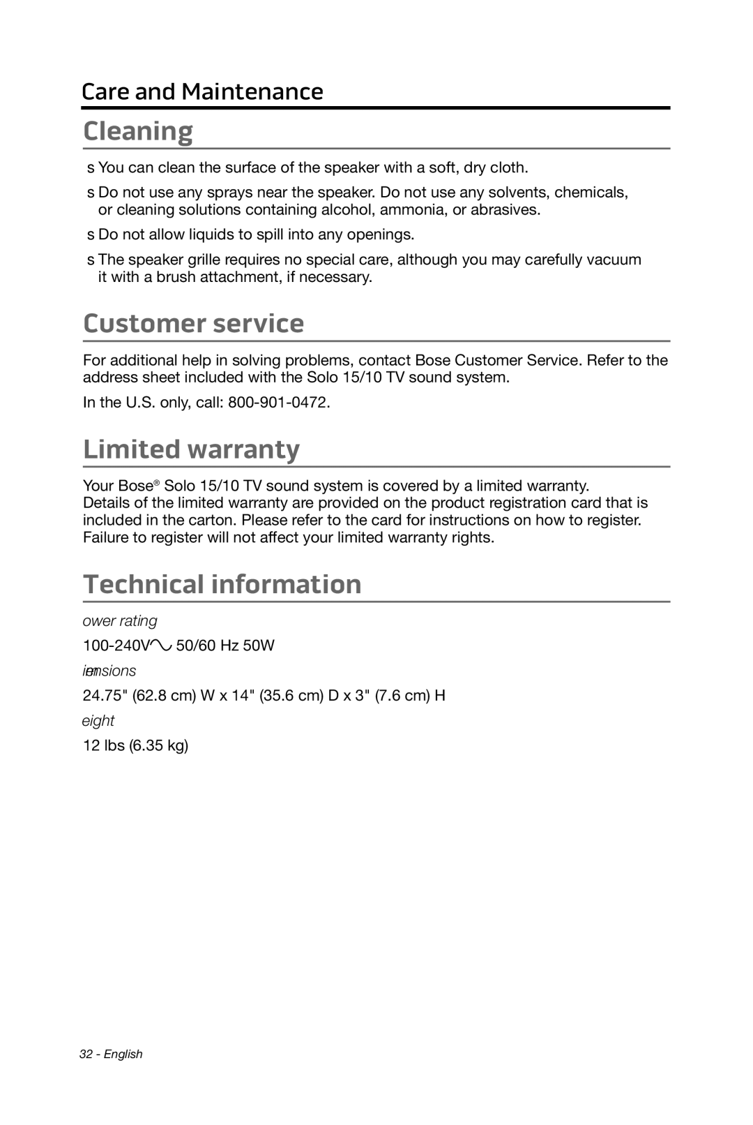 Bose 15/10 manual Cleaning, Customer service, Limited warranty, Technical information 