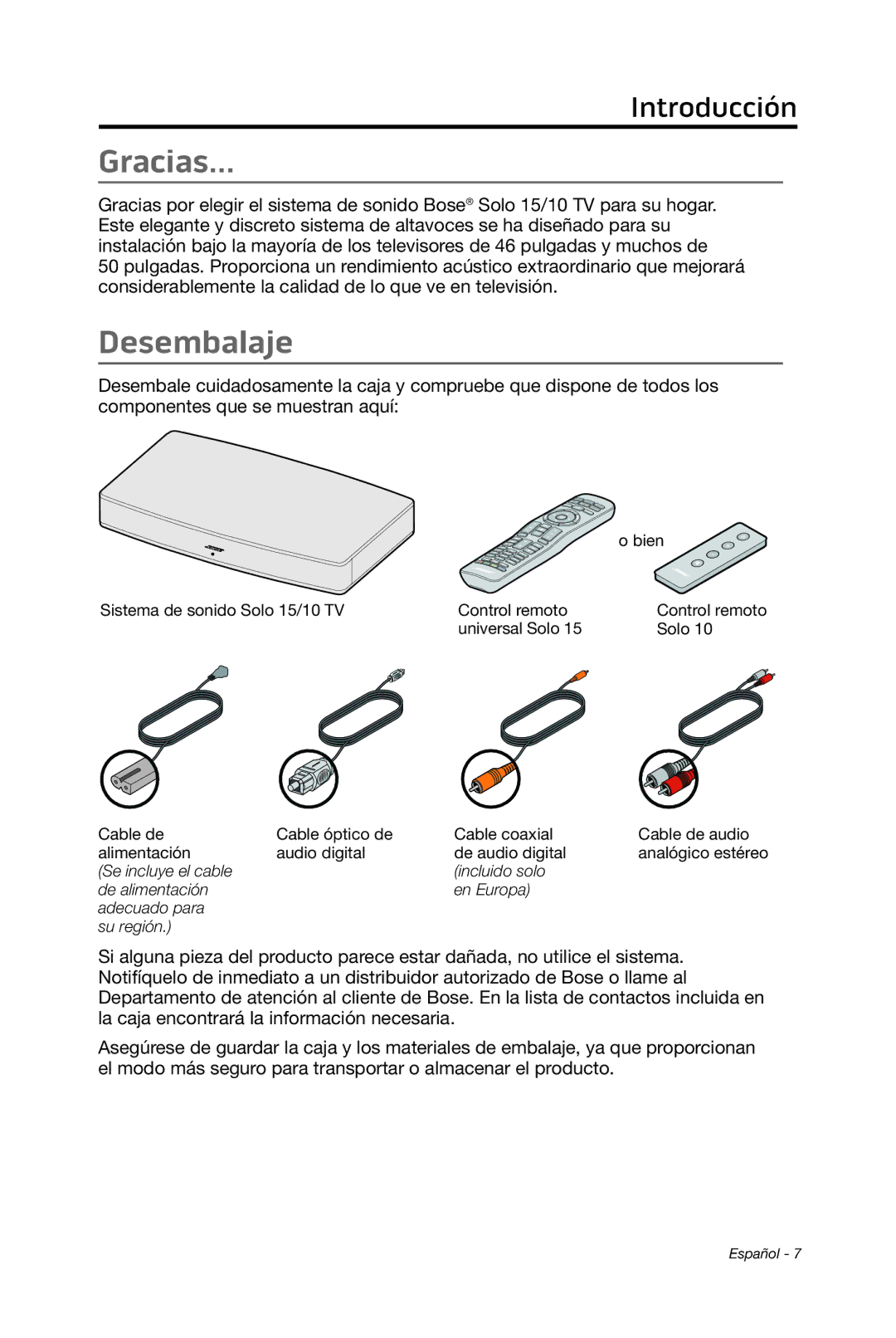 Bose 15/10 manual Gracias…, Desembalaje 