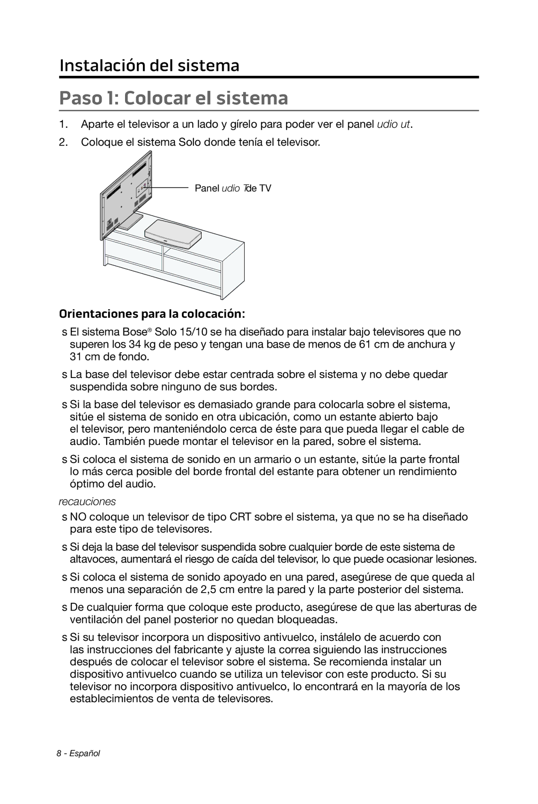 Bose 15/10 manual Paso 1 Colocar el sistema, Orientaciones para la colocación 