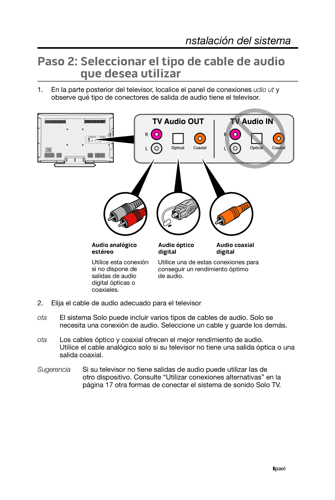 Bose 15/10 manual Elija el cable de audio adecuado para el televisor 