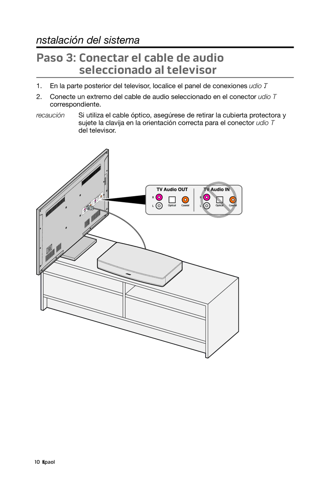 Bose 15/10 manual Paso 3 Conectar el cable de audio seleccionado al televisor 