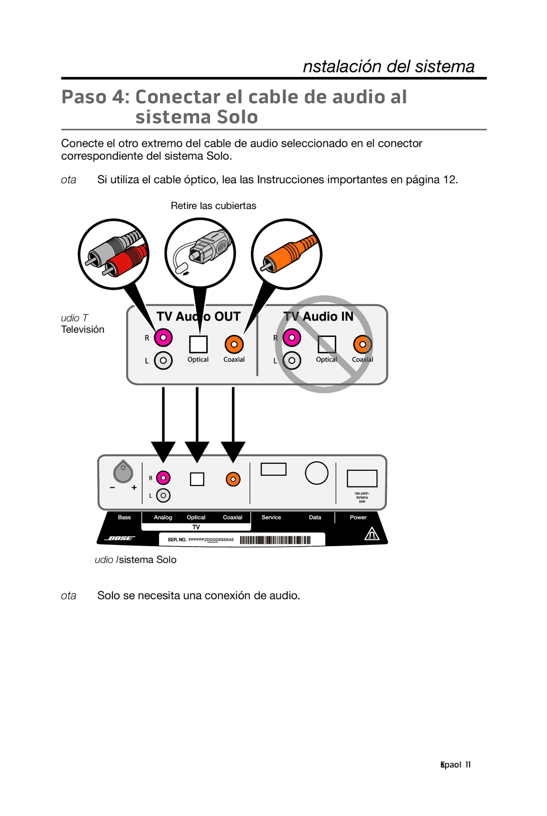 Bose 15/10 manual Paso 4 Conectar el cable de audio al sistema Solo 