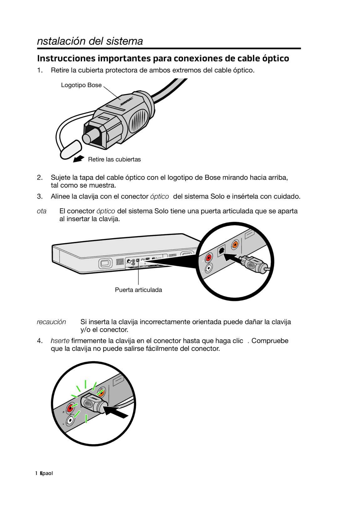 Bose 15/10 manual Instrucciones importantes para conexiones de cable óptico 