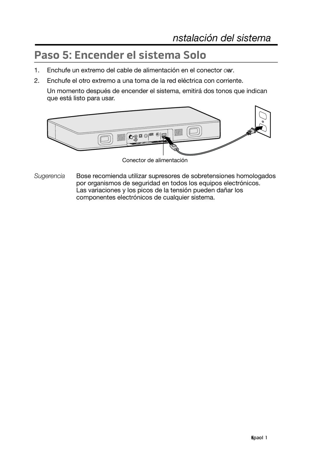 Bose 15/10 manual Paso 5 Encender el sistema Solo 
