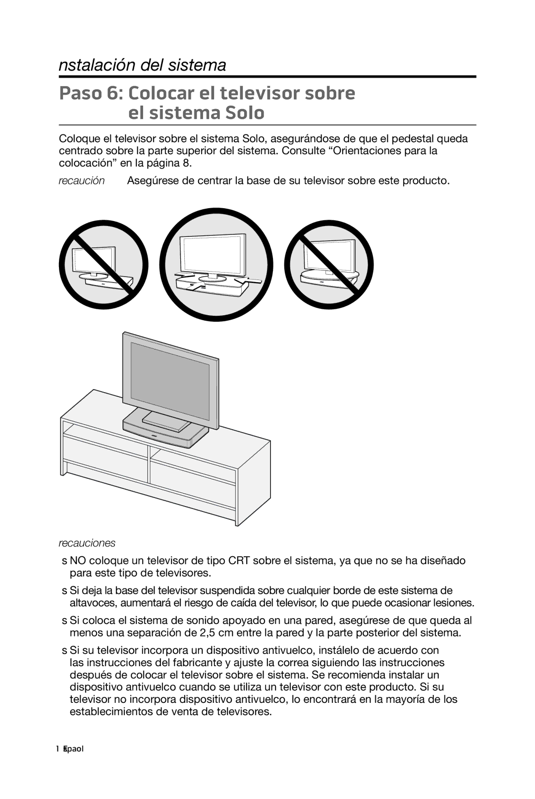 Bose 15/10 manual Paso 6 Colocar el televisor sobre el sistema Solo 