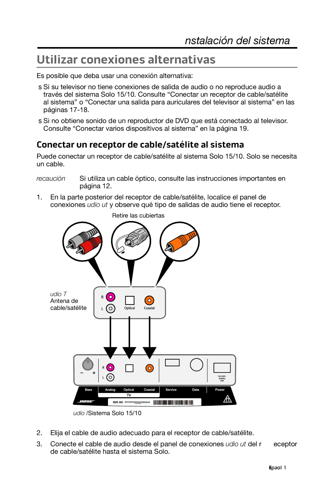 Bose 15/10 manual Utilizar conexiones alternativas, Conectar un receptor de cable/satélite al sistema 