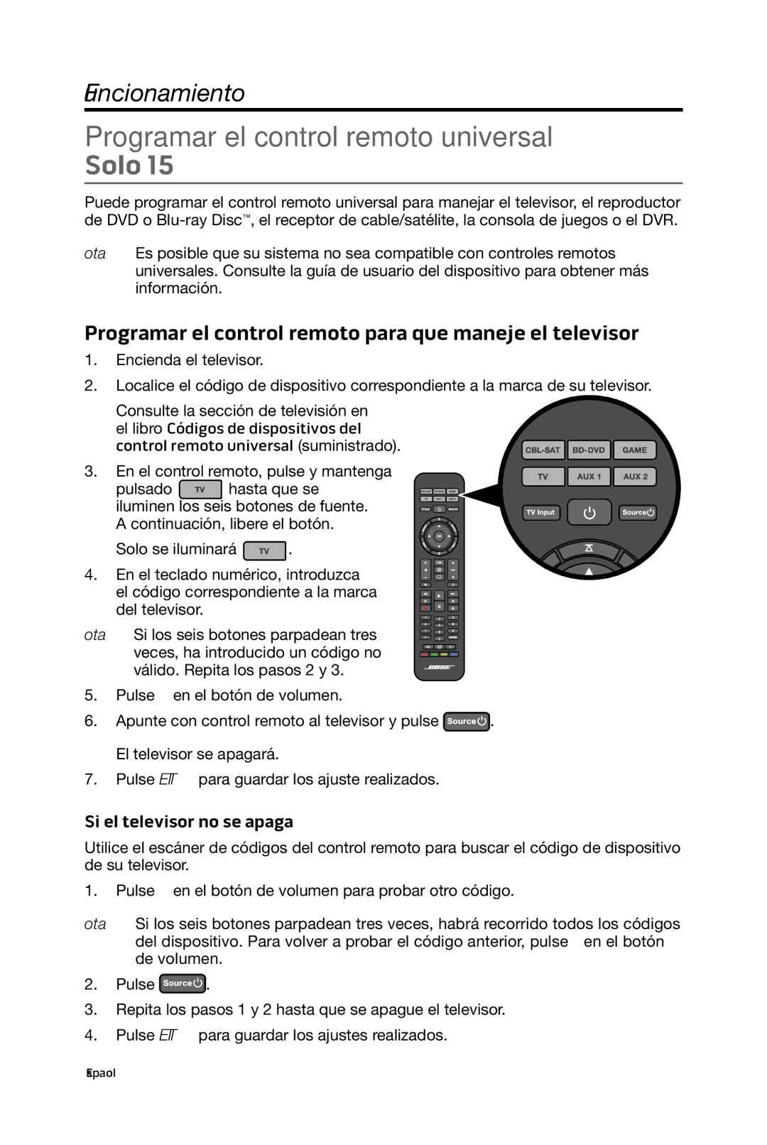 Bose 15/10 manual Solo, Programar el control remoto para que maneje el televisor 