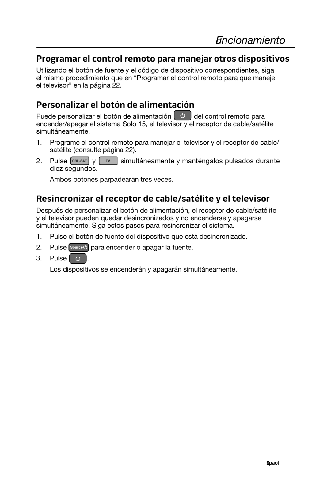 Bose 15/10 manual Programar el control remoto para manejar otros dispositivos, Personalizar el botón de alimentación 