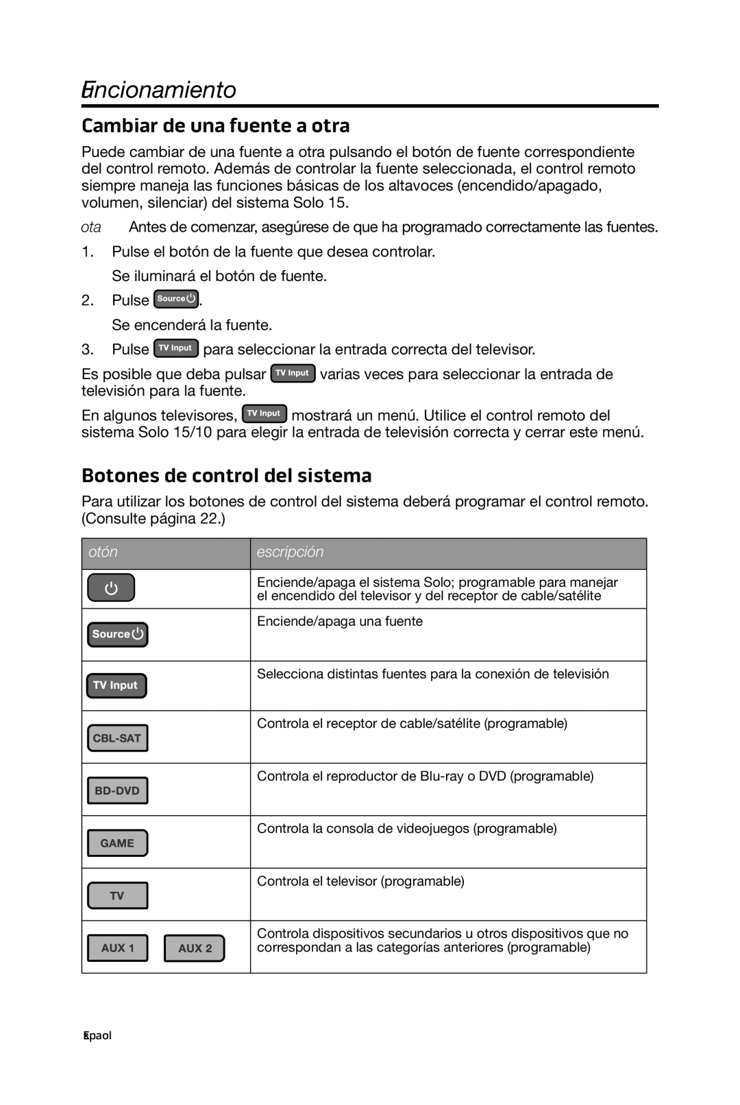 Bose 15/10 manual Cambiar de una fuente a otra, Botones de control del sistema 