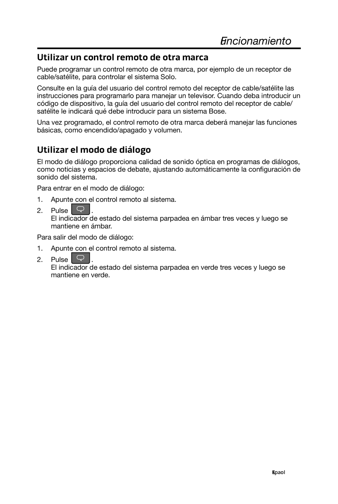 Bose 15/10 manual Utilizar un control remoto de otra marca, Utilizar el modo de diálogo 