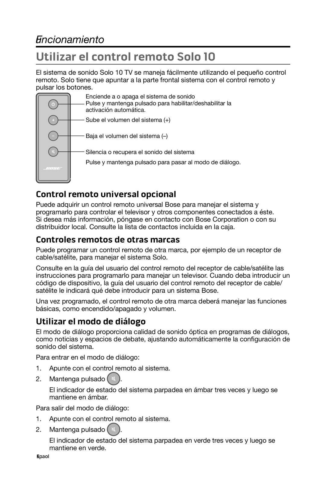 Bose 15/10 manual Utilizar el control remoto Solo, Control remoto universal opcional, Controles remotos de otras marcas 