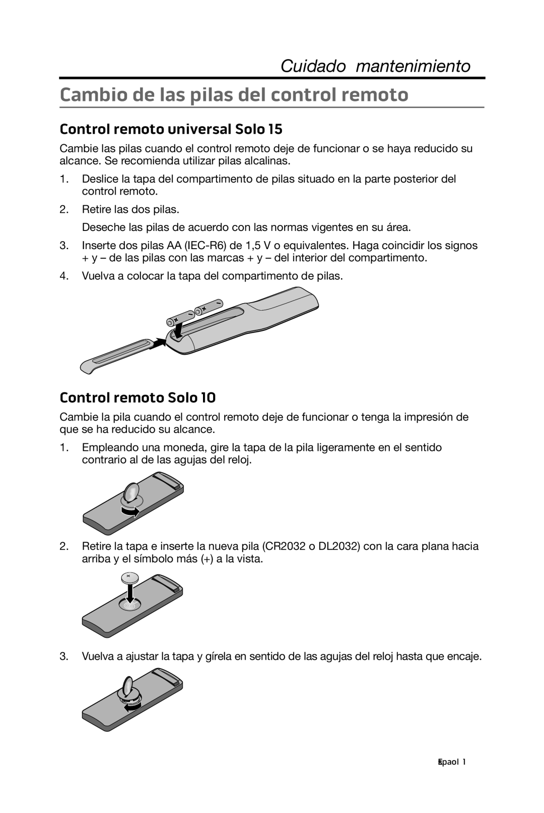 Bose 15/10 manual Cambio de las pilas del control remoto, Control remoto universal Solo, Control remoto Solo 