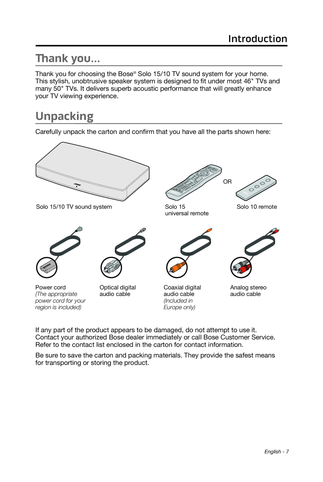 Bose 15/10 manual Thank you…, Unpacking 