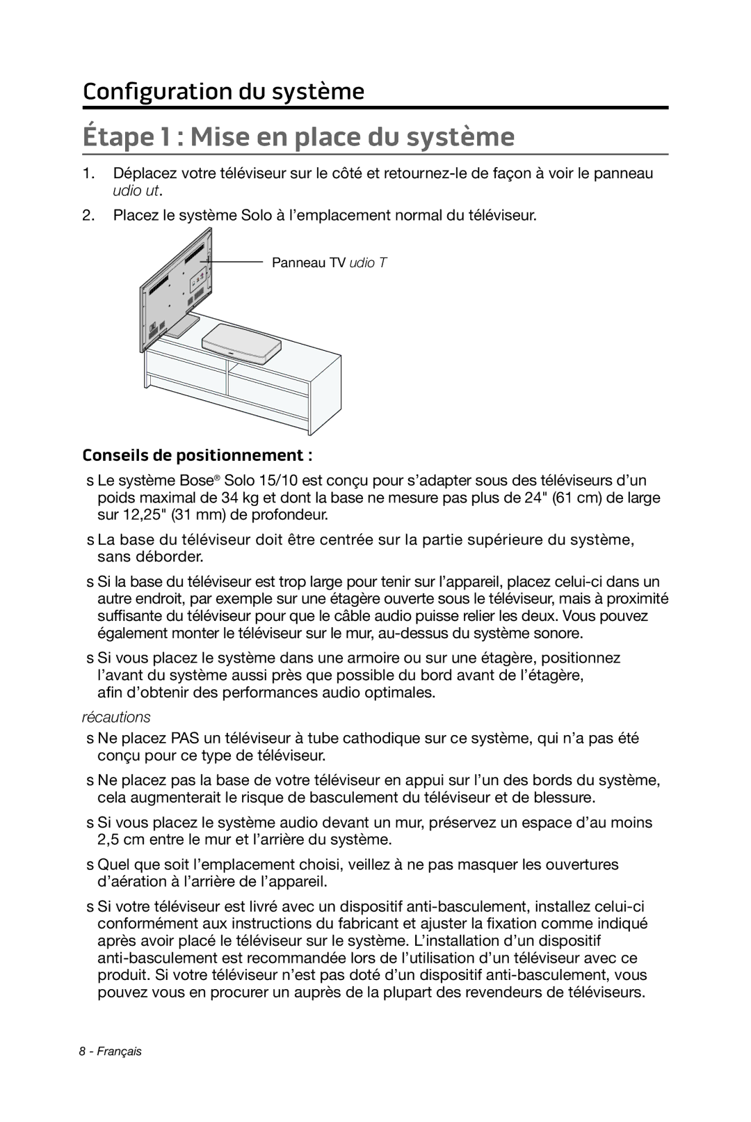 Bose 15/10 manual Étape 1 Mise en place du système, Conseils de positionnement 