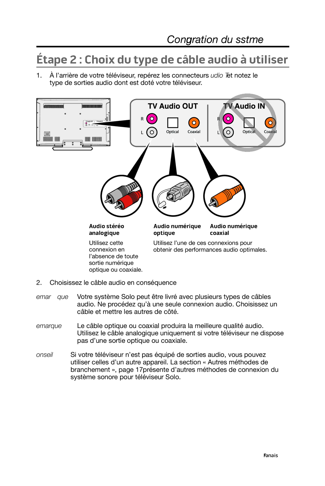 Bose 15/10 manual Étape 2 Choix du type de câble audio à utiliser 