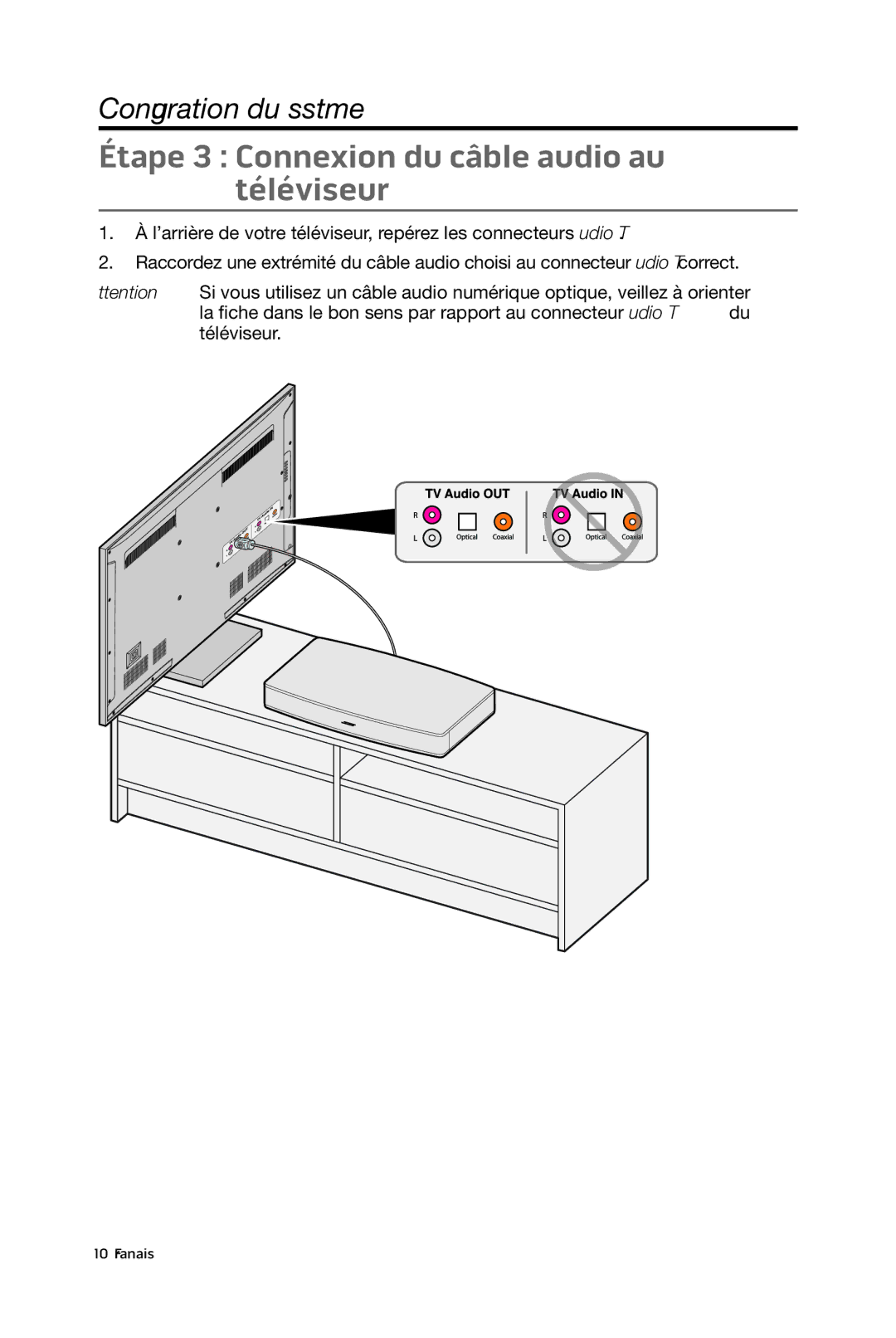 Bose 15/10 manual Étape 3 Connexion du câble audio au téléviseur 