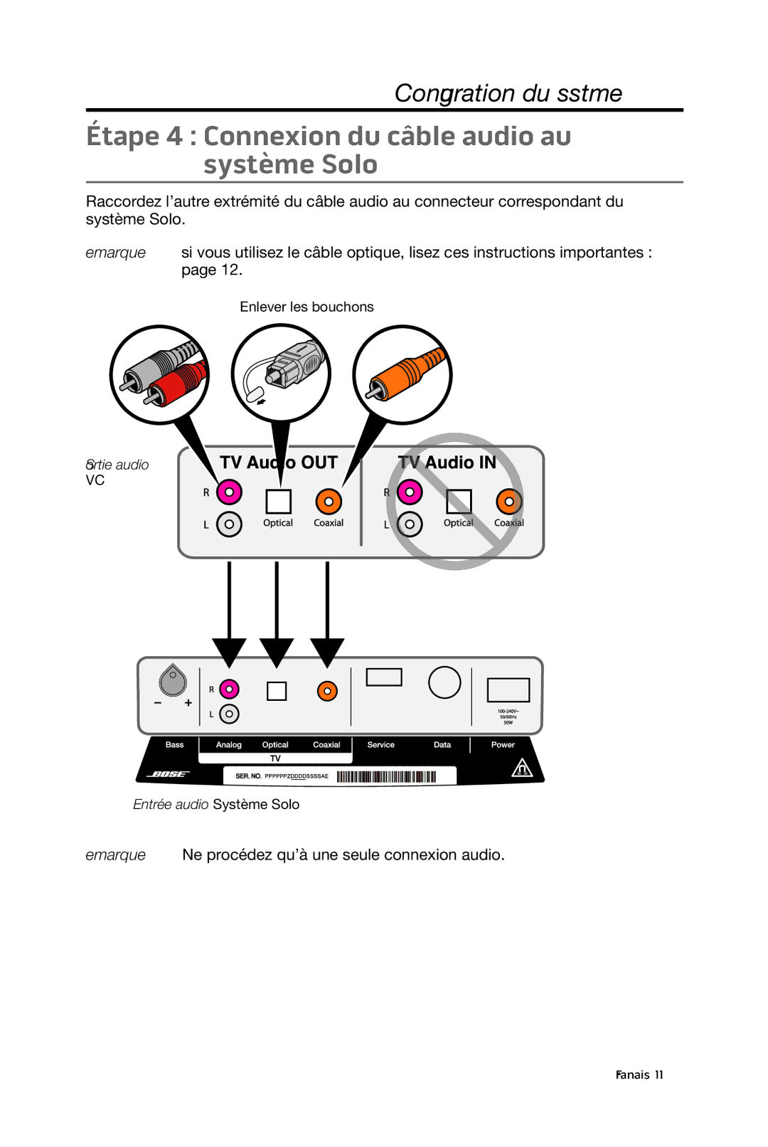 Bose 15/10 manual Étape 4 Connexion du câble audio au système Solo 