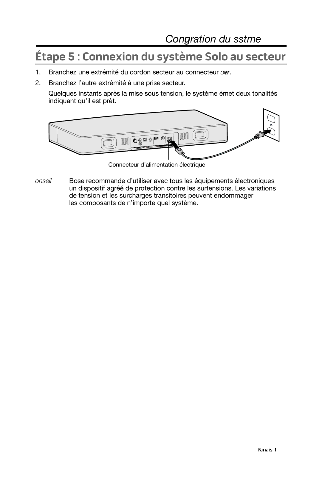 Bose 15/10 manual Étape 5 Connexion du système Solo au secteur 