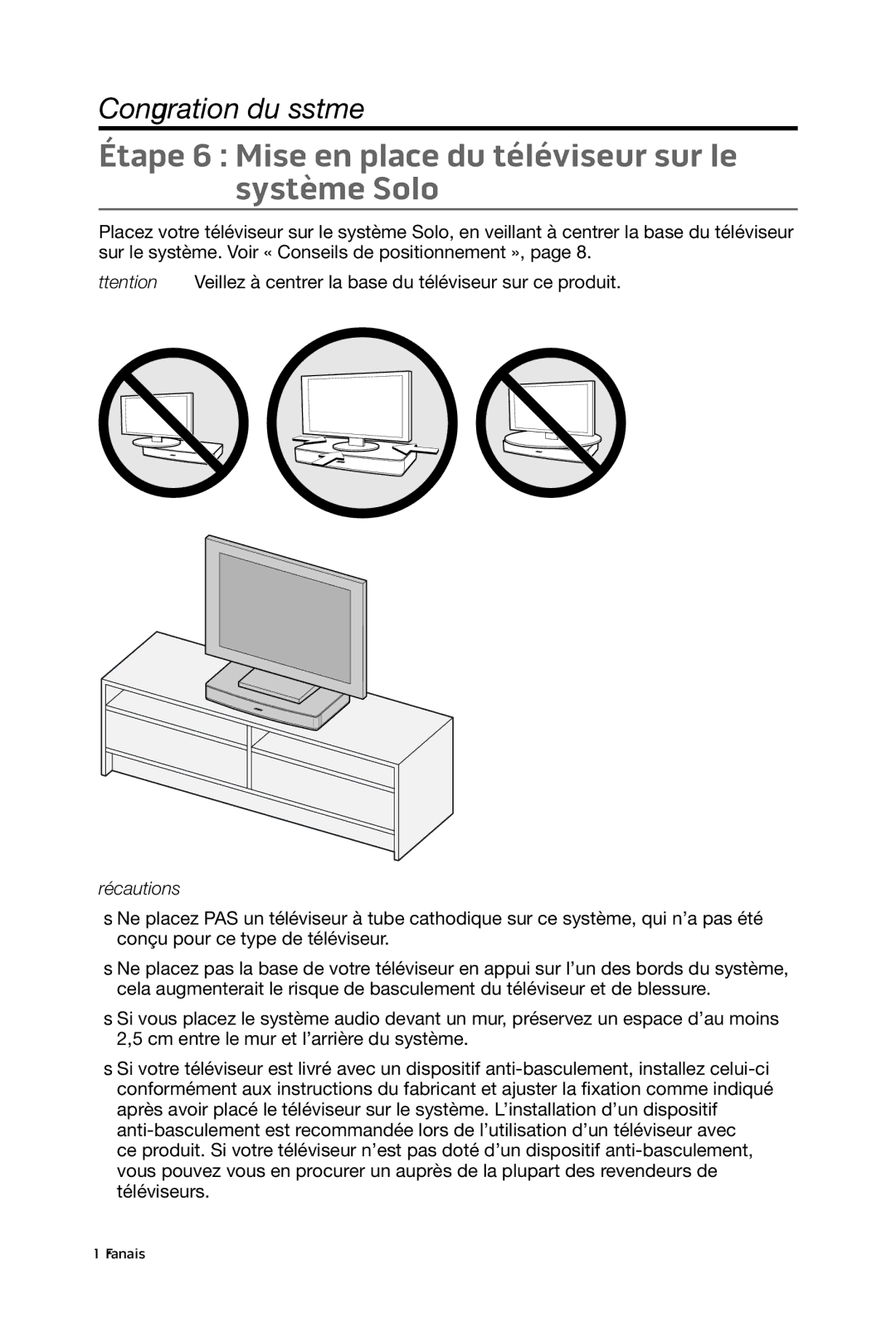 Bose 15/10 manual Étape 6 Mise en place du téléviseur sur le système Solo 