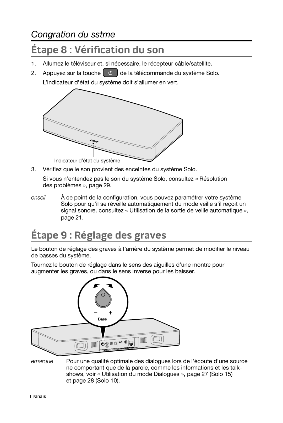 Bose 15/10 manual Étape 8 Vérification du son, Étape 9 Réglage des graves 