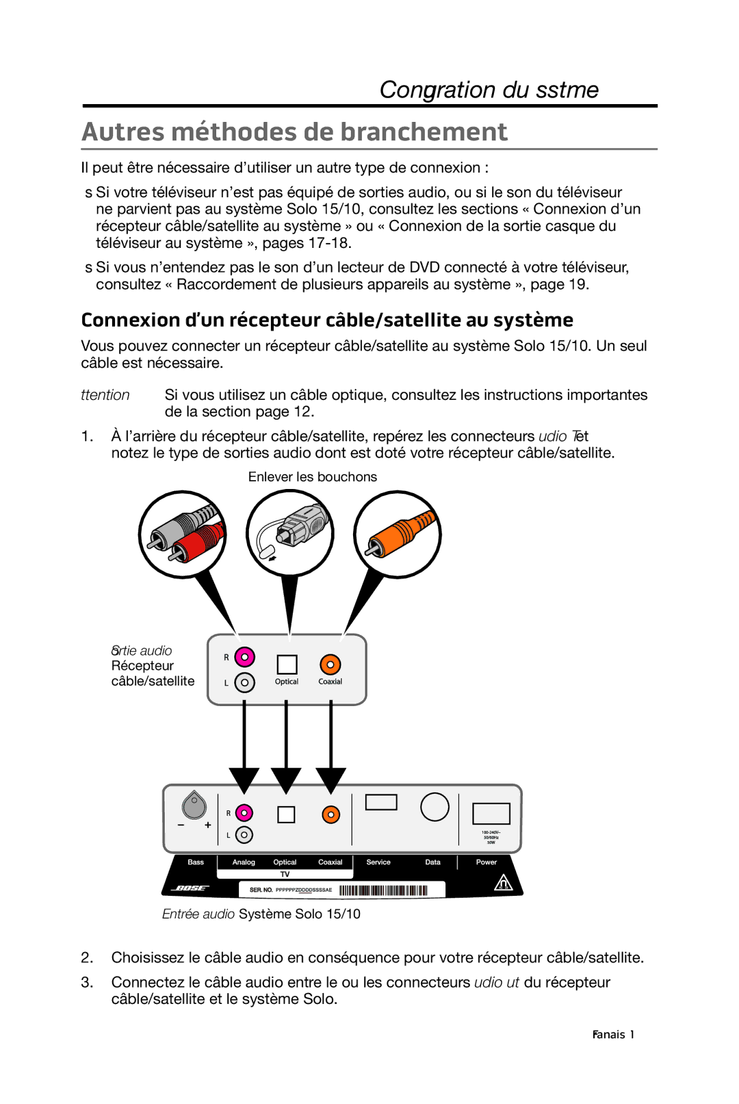 Bose 15/10 manual Autres méthodes de branchement, Connexion d’un récepteur câble/satellite au système 