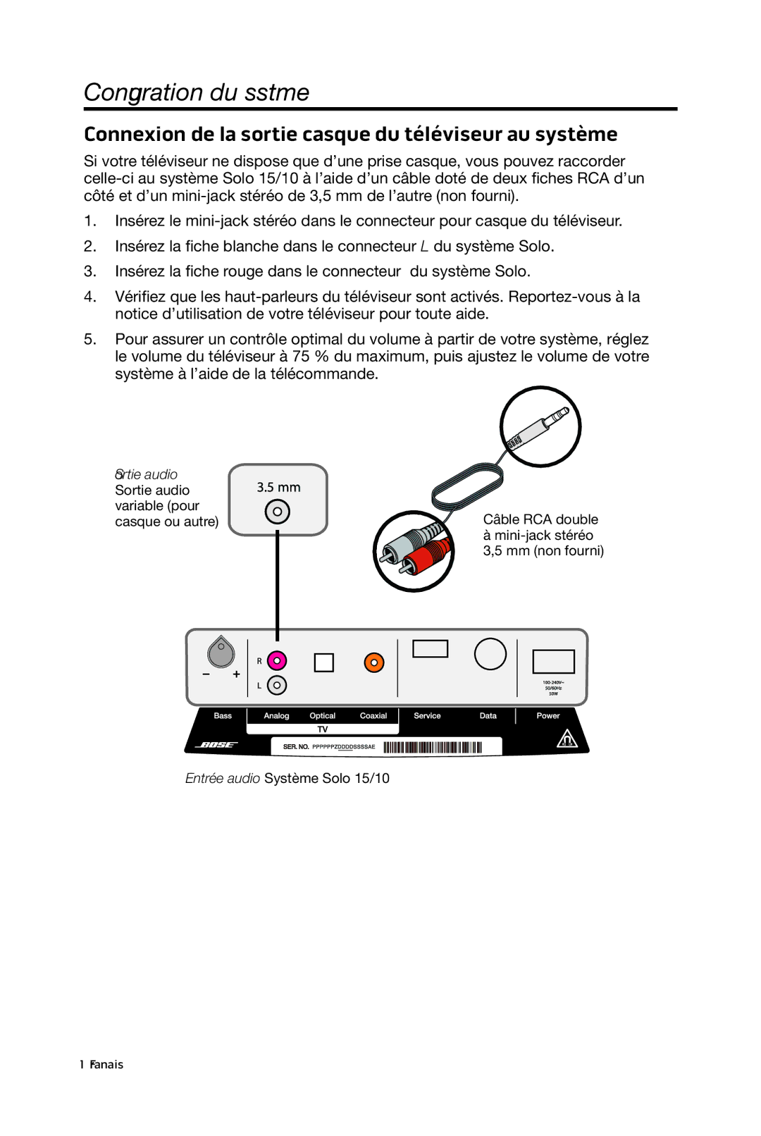 Bose 15/10 manual Connexion de la sortie casque du téléviseur au système 