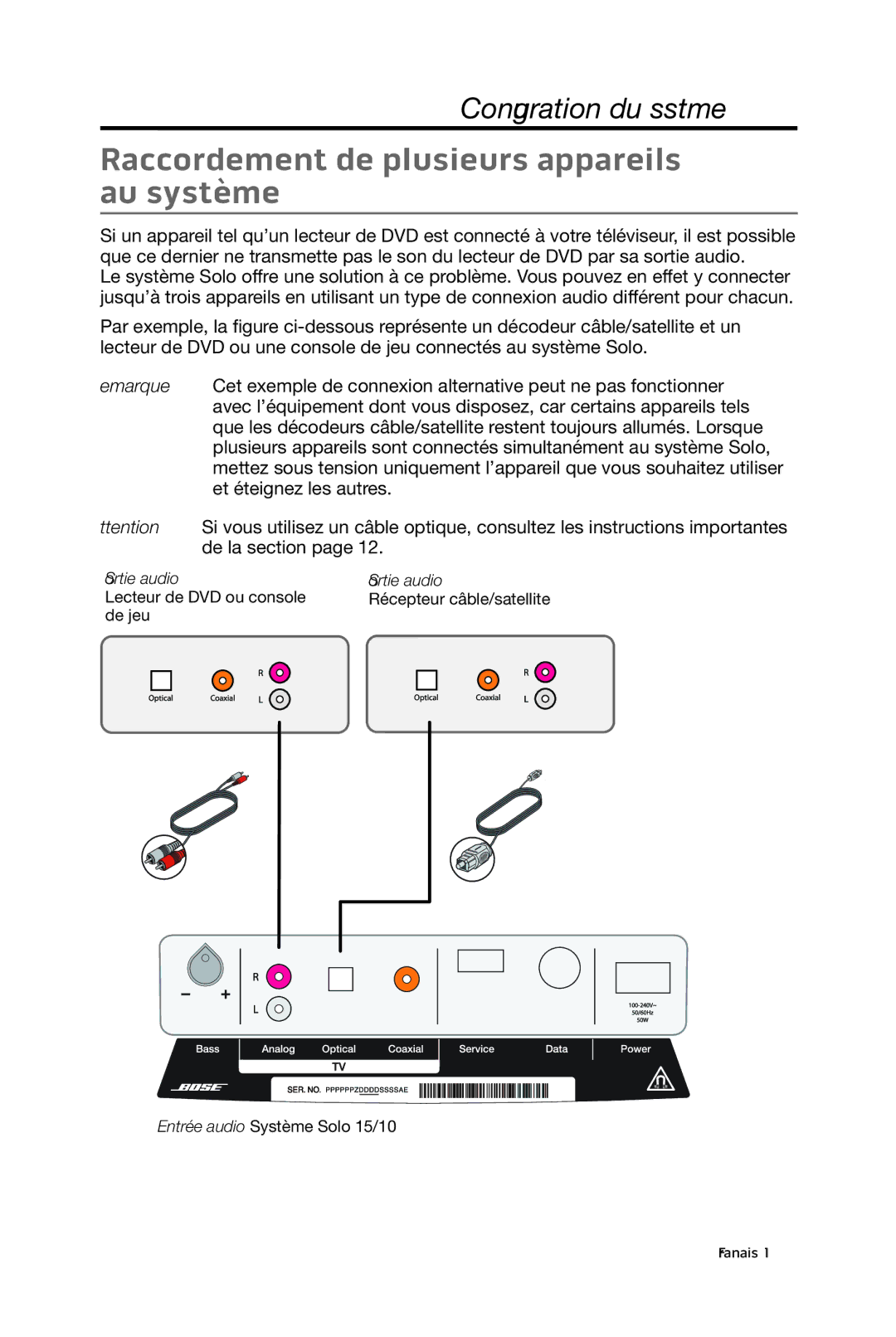 Bose 15/10 manual Raccordement de plusieurs appareils au système, Sortie audio 