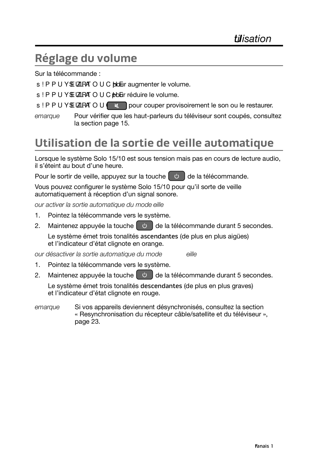 Bose 15/10 manual Réglage du volume, Utilisation de la sortie de veille automatique 